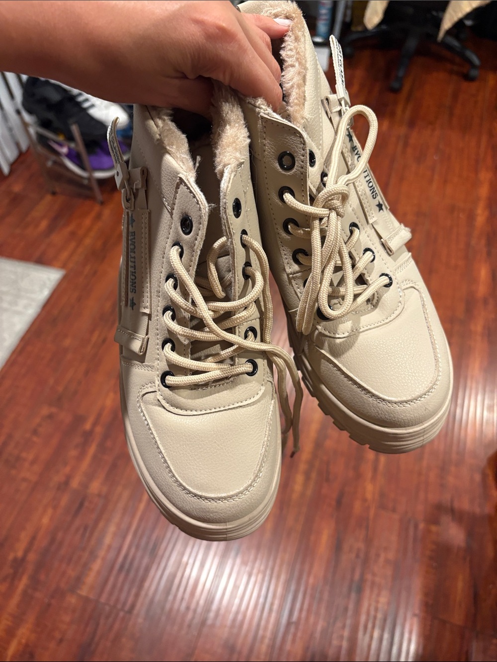 Cream High-Top Lace-Up Sneakers with Faux Shearling